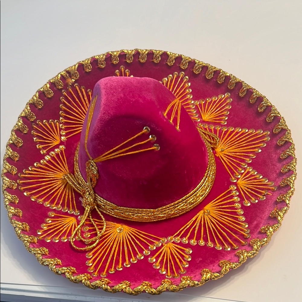 Salazar Yepez Ornate Pink and Gold Sombrero Hat with Embroidery